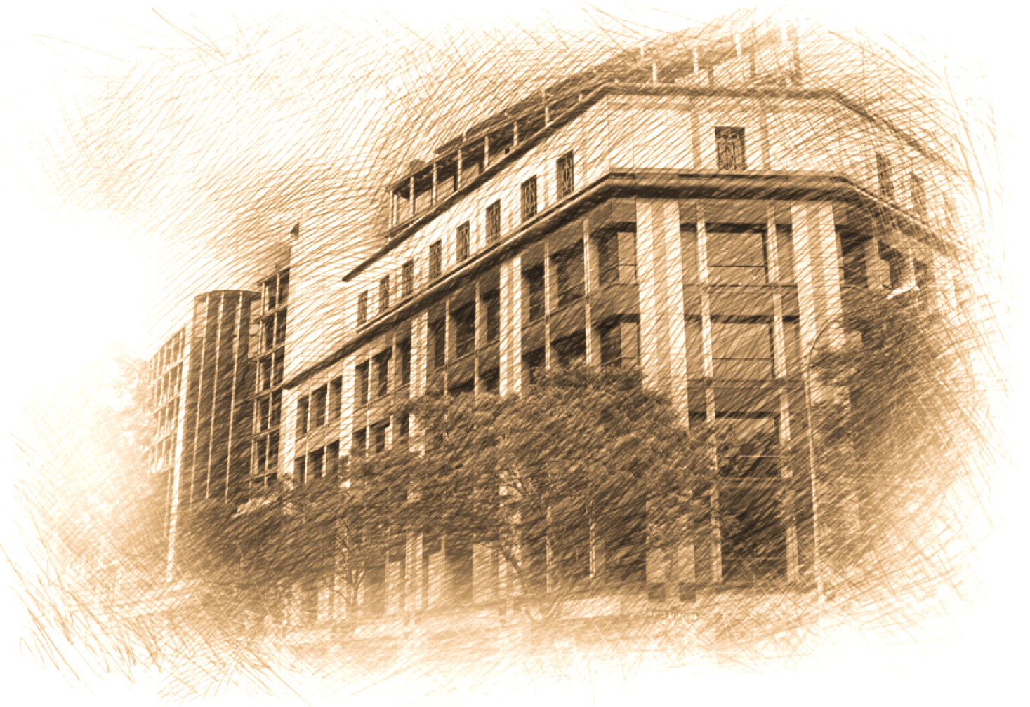 Sepia sketch of MTI building with trees in front, representing contact with the ministry.